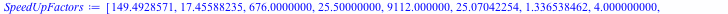 Typesetting:-mprintslash([SpeedUpFactors := [149.4928571, 17.45588235, 676.0000000, 25.50000000, 9112.000000, 25.07042254, 1.336538462, 4.000000000, 332.8305085, 116.1757812, 126.6796875, 118.0674603]...