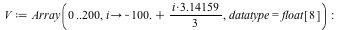 V := Array(0 .. 200, proc (i) options operator, arrow; `+`(`-`(100.), `/`(`*`(i, `*`(3.14159)), `*`(3))) end proc, datatype = float[8]); -1