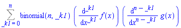 Sum(binomial(n, _k1)*(diff(f(x), `$`(x, _k1)))*(diff(g(x), `$`(x, n-_k1))), _k1 = 0 .. n)