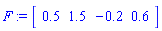 F := Vector[row](4, {(1) = .5, (2) = 1.5, (3) = -.2, (4) = .6})