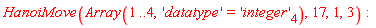 HanoiMove(Array(1 .. 4, 'datatype' = 'integer'[4]), 17, 1, 3)