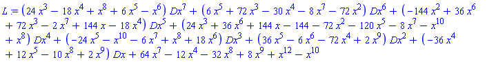 L := (24*x^3-18*x^4+x^8+6*x^5-x^6)*Dx^7+(6*x^5+72*x^3-30*x^4-8*x^7-72*x^2)*Dx^6+(-144*x^2+36*x^6+72*x^3-2*x^7+144*x-18*x^4)*Dx^5+(24*x^3+36*x^6+144*x-144-72*x^2-120*x^5-8*x^7-x^10+x^8)*Dx^4+(-24*x^5-x^10-6*x^7+x^8+18*x^6)*Dx^3+(36*x^5-6*x^6-72*x^4+2*x^9)*Dx^2+(-36*x^4+12*x^5-10*x^8+2*x^9)*Dx+64*x^7-12*x^4-32*x^8+8*x^9+x^12-x^10
