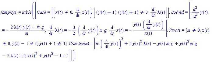 SimpSys := TABLE([Case = [[x(t) <> 0, diff(x(t), t)], [(y(t)-1)*(y(t)+1) <> 0, diff(lambda(t), t)]], Solved = [diff(y(t), `$`(t, 2)) = -(2*lambda(t)*y(t)+m*g)/m, diff(lambda(t), t) = -(3/2)*(diff(y(t), t))*m*g, diff(x(t), t) = -y(t)*(diff(y(t), t))/x(t)], Pivots = [m <> 0, x(t) <> 0, y(t)-1 <> 0, y(t)+1 <> 0], Constraint = [m*(diff(y(t), t))^2+2*y(t)^2*lambda(t)-y(t)*m*g+y(t)^3*m*g-2*lambda(t) = 0, x(t)^2+y(t)^2-1 = 0]])