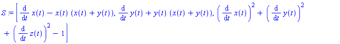 S := [diff(x(t), t)-x(t)*(x(t)+y(t)), diff(y(t), t)+y(t)*(x(t)+y(t)), (diff(x(t), t))^2+(diff(y(t), t))^2+(diff(z(t), t))^2-1]