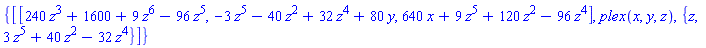 {[[240*z^3+1600+9*z^6-96*z^5, -3*z^5-40*z^2+32*z^4+80*y, 640*x+9*z^5+120*z^2-96*z^4], plex(x, y, z), {z, 3*z^5+40*z^2-32*z^4}]}