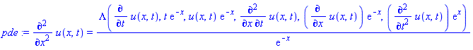 pde := diff(u(x, t), `$`(x, 2)) = Lambda(diff(u(x, t), t), t*exp(-x), u(x, t)*exp(-x), diff(u(x, t), t, x), (diff(u(x, t), x))*exp(-x), (diff(u(x, t), `$`(t, 2)))*exp(x))/exp(-x)