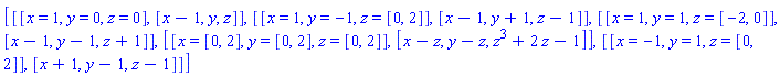 [[[x = 1, y = 0, z = 0], [x-1, y, z]], [[x = 1, y = -1, z = [0, 2]], [x-1, y+1, z-1]], [[x = 1, y = 1, z = [-2, 0]], [x-1, y-1, z+1]], [[x = [0, 2], y = [0, 2], z = [0, 2]], [x-z, y-z, z^3+2*z-1]], [[x = -1, y = 1, z = [0, 2]], [x+1, y-1, z-1]]]