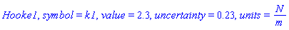 Hooke1, symbol = k1, value = 2.3, uncertainty = .23, units = N/m