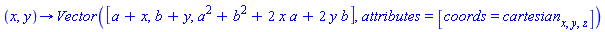 proc (x, y) options operator, arrow; Vector([a+x, b+y, a^2+b^2+2*x*a+2*y*b], attributes = [coords = cartesian[x, y, z]]) end proc