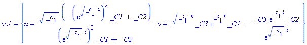 sol := {u = _c[1]^(1/2)*(-(exp(_c[1]^(1/2)*x))^2*_C1+_C2)/((exp(_c[1]^(1/2)*x))^2*_C1+_C2), v = exp(_c[1]^(1/2)*x)*_C3*exp(_c[1]*t)*_C1+_C3*exp(_c[1]*t)*_C2/exp(_c[1]^(1/2)*x)}