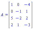 A := Matrix(4, 3, {(1, 1) = 1, (1, 2) = 0, (1, 3) = -4, (2, 1) = 0, (2, 2) = -1, (2, 3) = 1, (3, 1) = 5, (3, 2) = -2, (3, 3) = 2, (4, 1) = 2, (4, 2) = 1, (4, 3) = -3})