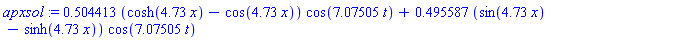 apxsol := .504413*(cosh(4.73*x)-cos(4.73*x))*cos(7.07505*t)+.495587*(sin(4.73*x)-sinh(4.73*x))*cos(7.07505*t)