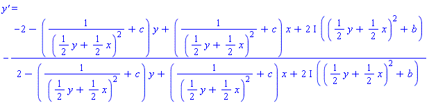 `y'` = -(-2-(1/((1/2)*y+(1/2)*x)^2+c)*y+(1/((1/2)*y+(1/2)*x)^2+c)*x+(2*I)*(((1/2)*y+(1/2)*x)^2+b))/(2-(1/((1/2)*y+(1/2)*x)^2+c)*y+(1/((1/2)*y+(1/2)*x)^2+c)*x+(2*I)*(((1/2)*y+(1/2)*x)^2+b))