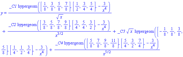 y = _C1*hypergeom([1/8, 3/8, 5/8, 7/8], [1/2, 3/4, 5/4], -3/x^4)/x^(1/2)+_C2*hypergeom([3/8, 5/8, 7/8, 9/8], [3/4, 5/4, 3/2], -3/x^4)/x^(3/2)+_C3*x^(1/2)*hypergeom([-1/8, 1/8, 3/8, 5/8], [1/4, 1/2, 3/4], -3/x^4)+_C4*hypergeom([5/8, 7/8, 9/8, 11/8], [5/4, 3/2, 7/4], -3/x^4)/x^(5/2)