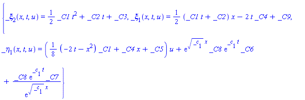 {_xi[2](x, t, u) = (1/2)*_C1*t^2+_C2*t+_C3, _xi[1](x, t, u) = (1/2)*(_C1*t+_C2)*x-2*t*_C4+_C9, _eta[1](x, t, u) = ((1/8)*(-2*t-x^2)*_C1+_C4*x+_C5)*u+exp(_c[1]^(1/2)*x)*_C8*exp(_c[1]*t)*_C6+_C8*exp(_c[1]*t)*_C7/exp(_c[1]^(1/2)*x)}