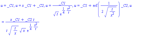 u = _C1, u = x*_C1+_C2, u = _C1/(t^(1/2)*exp((1/4)*x^2/t)), u = _C1+erf((1/2)/(t/x^2)^(1/2))*_C2, u = (x*_C1+_C2*t)/(t*(t/x)^(1/2)*x^(1/2)*exp((1/4)*x^2/t))