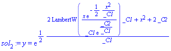 sol[2] := y = exp((1/2)*(2*LambertW(x*exp(-(1/2)*x^2/_C1)/(_C1*exp(_C2/_C1)))*_C1+x^2+2*_C2)/_C1)