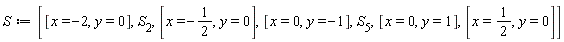 S := [[x = -2, y = 0], S[2], [x = -1/2, y = 0], [x = 0, y = -1], S[5], [x = 0, y = 1], [x = 1/2, y = 0]]