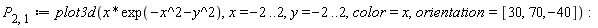 P[2, 1] := plot3d(x*exp(-x^2-y^2), x = -2 .. 2, y = -2 .. 2, color = x, orientation = [30, 70, -40])