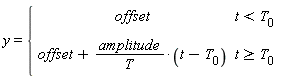 y = piecewise(t < T[0], offset, t >= T[0], offset+amplitude*(t-T[0])/T)