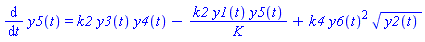 diff(y5(t), t) = k2*y3(t)*y4(t)-k2*y1(t)*y5(t)/K+k4*y6(t)^2*y2(t)^(1/2)