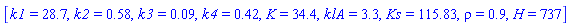 [k1 = 28.7, k2 = .58, k3 = 0.9e-1, k4 = .42, K = 34.4, klA = 3.3, Ks = 115.83, rho = .9, H = 737]