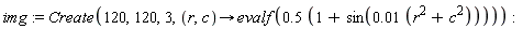 img := Create(120, 120, 3, proc (r, c) options operator, arrow; evalf(.5*(1+sin(0.1e-1*(r^2+c^2)))) end proc)