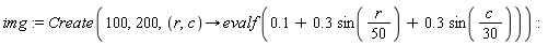 img := Create(100, 200, proc (r, c) options operator, arrow; evalf(.1+.3*sin((1/50)*r)+.3*sin((1/30)*c)) end proc)