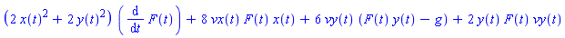 (2*x(t)^2+2*y(t)^2)*(diff(F(t), t))+8*vx(t)*F(t)*x(t)+6*vy(t)*(F(t)*y(t)-g)+2*y(t)*F(t)*vy(t)