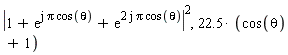 abs(1+exp(I*Pi*cos(theta))+exp((2*I)*Pi*cos(theta)))^2, 22.5*(cos(theta)+1)