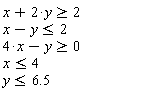 x+2*y>=2 x-y<= 2 4*x-y>=0 x <=4 y<= 6.5