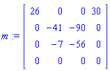 m := Matrix(4, 4, {(1, 1) = 26, (1, 2) = 0, (1, 3) = 0, (1, 4) = 30, (2, 1) = 0, (2, 2) = -41, (2, 3) = -90, (2, 4) = 0, (3, 1) = 0, (3, 2) = -7, (3, 3) = -56, (3, 4) = 0, (4, 1) = 0, (4, 2) = 0, (4, 3) = 0, (4, 4) = 0})