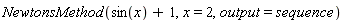 NewtonsMethod(sin(x)+1, x = 2, output = sequence)