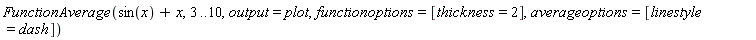 FunctionAverage(sin(x)+x, 3 .. 10, output = plot, functionoptions = [thickness = 2], averageoptions = [linestyle = dash])