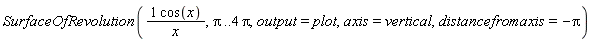 SurfaceOfRevolution(cos(x)/x, Pi .. 4*Pi, output = plot, axis = vertical, distancefromaxis = -Pi)