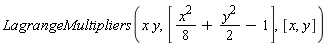 LagrangeMultipliers(x*y, [(1/8)*x^2+(1/2)*y^2-1], [x, y])