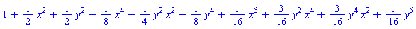 1+(1/2)*x^2+(1/2)*y^2-(1/8)*x^4-(1/4)*y^2*x^2-(1/8)*y^4+(1/16)*x^6+(3/16)*y^2*x^4+(3/16)*y^4*x^2+(1/16)*y^6