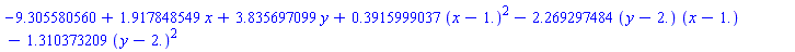 -9.305580560+1.917848549*x+3.835697099*y+.3915999037*(x-1.)^2-2.269297484*(y-2.)*(x-1.)-1.310373209*(y-2.)^2