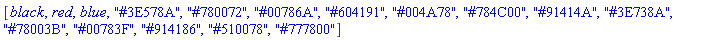 [black, red, blue, "#3E578A", "#780072", "#00786A", "#604191", "#004A78", "#784C00", "#91414A", "#3E738A", "#78003B", "#00783F", "#914186", "#510078", "#777800"]