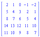 Matrix(5, 5, {(1, 1) = 2, (1, 2) = 1, (1, 3) = 0, (1, 4) = -1, (1, 5) = -2, (2, 1) = 5, (2, 2) = 4, (2, 3) = 3, (2, 4) = 2, (2, 5) = 1, (3, 1) = 8, (3, 2) = 7, (3, 3) = 6, (3, 4) = 5, (3, 5) = 4, (4, 1) = 14, (4, 2) = 13, (4, 3) = 12, (4, 4) = 11, (4, 5) = 10, (5, 1) = 11, (5, 2) = 10, (5, 3) = 9, (5, 4) = 8, (5, 5) = 7})