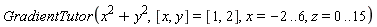 GradientTutor(x^2+y^2, [x, y] = [1, 2], x = -2 .. 6, z = 0 .. 15)