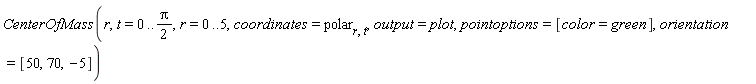 CenterOfMass(r, t = 0 .. (1/2)*Pi, r = 0 .. 5, coordinates = polar[r, t], output = plot, pointoptions = [color = green], orientation = [50, 70, -5])