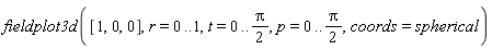 fieldplot3d([1, 0, 0], r = 0 .. 1, t = 0 .. (1/2)*Pi, p = 0 .. (1/2)*Pi, coords = spherical)