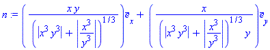 n := Vector[column]([[x*y/(abs(x^3*y^3)+abs(x^3/y^3))^(1/3)], [x/((abs(x^3*y^3)+abs(x^3/y^3))^(1/3)*y)]], ["x", "y"], "field")