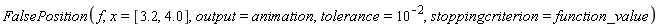 FalsePosition(f, x = [3.2, 4.0], output = animation, tolerance = 10^(-2), stoppingcriterion = function_value)