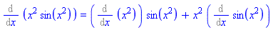 Diff(x^2*sin(x^2), x) = (Diff(x^2, x))*sin(x^2)+x^2*(Diff(sin(x^2), x))