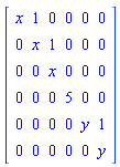 Matrix([[x, 1, 0, 0, 0, 0], [0, x, 1, 0, 0, 0], [0, 0, x, 0, 0, 0], [0, 0, 0, 5, 0, 0], [0, 0, 0, 0, y, 1], [0, 0, 0, 0, 0, y]])