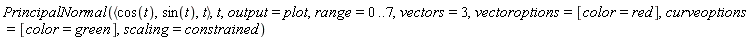 PrincipalNormal(`<,>`(cos(t), sin(t), t), t, output = plot, range = 0 .. 7, vectors = 3, vectoroptions = [color = red], curveoptions = [color = green], scaling = constrained)