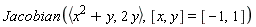 Jacobian(`<,>`(x^2+y, 2*y), [x, y] = [-1, 1])