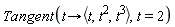 Tangent(proc (t) options operator, arrow; `<,>`(t, t^2, t^3) end proc, t = 2)